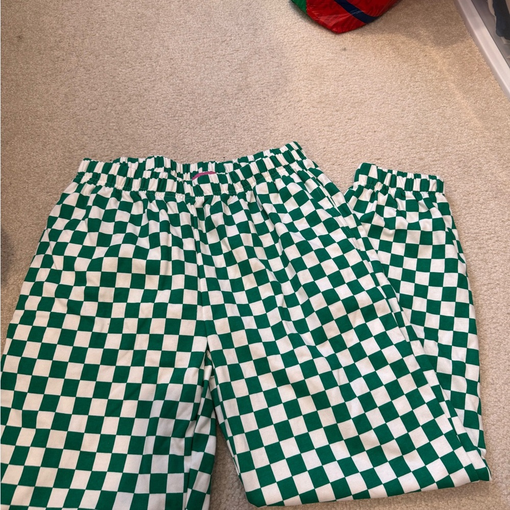 Edikted Green and White Checkered Sweatpants